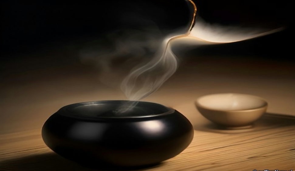 Mains fouettant un matcha dans un bol raku noir, dans une salle de thé