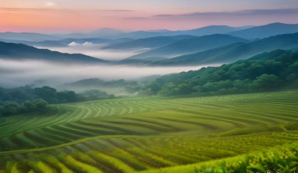 Collines de théiers dans la brume du matin